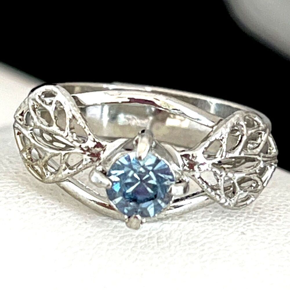 Vintage 1960s Ring Silver Tone Blue Crystal Rhinestones Mid Century Modern 4K